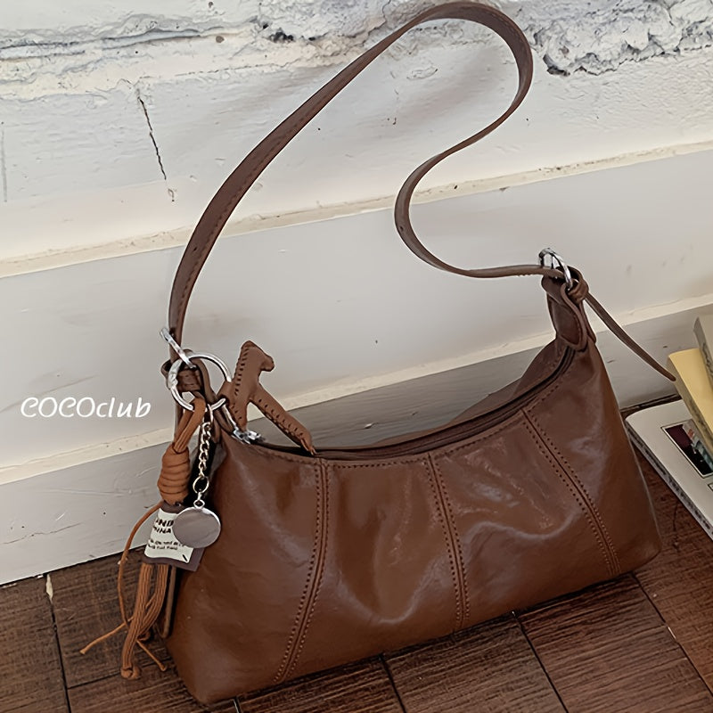 Women’s Vintage Baguette Crossbody Bag - Dark Brown, Adjustable Strap & Zipper Closure Handbag for Work & Parties
