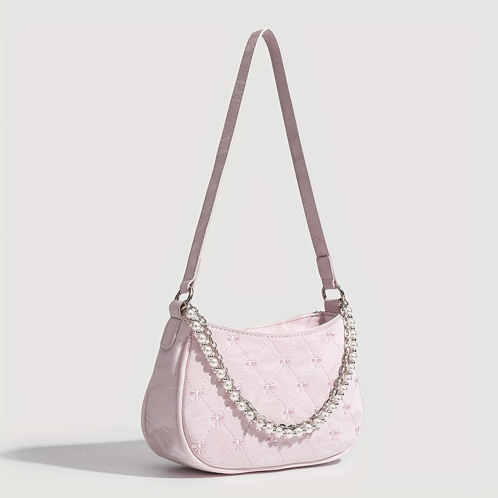 Pink Quilted Butterfly Baguette Bag with Pearl Chain – Detachable Shoulder Crossbody Purse, Diamond Pattern Elegant Women's Handbag