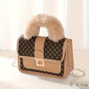 Women's Vintage Faux Fur Shoulder Bag – Geometric Pattern, Removable Strap, Secure Buckle Closure (White, Black, Khaki)