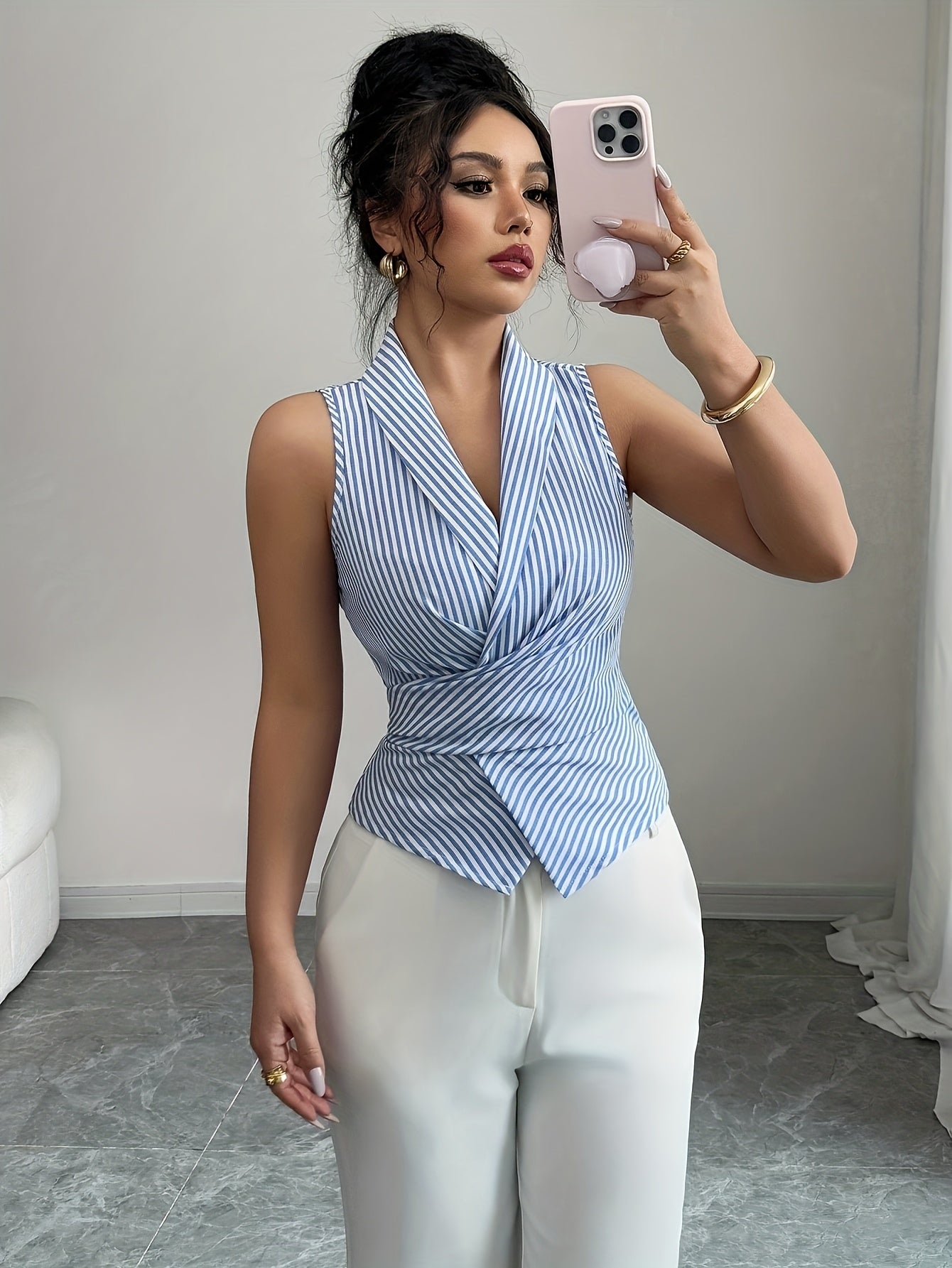 Women's Sleeveless V-Neck Bow-Belt Striped Blouse - Light Blue & White Spring/Summer Top