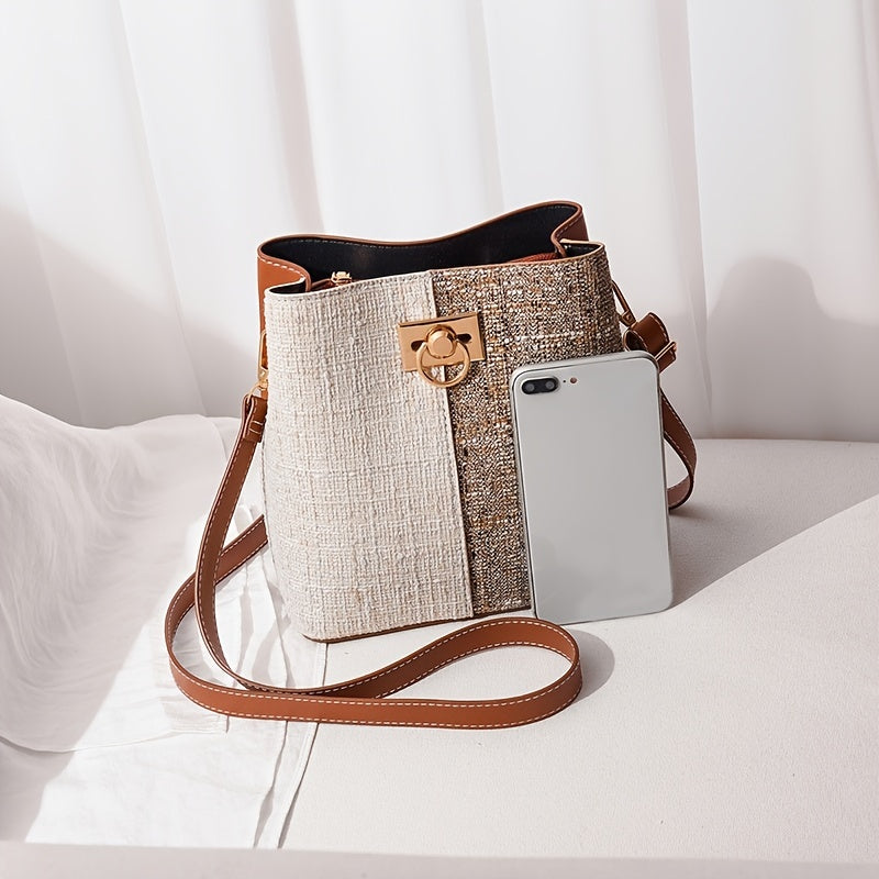 Women's Two-Tone Faux Leather Small Crossbody Bucket Bag – Detachable Strap, Zipper Closure, Metallic Buckle – Red / Blue / Black