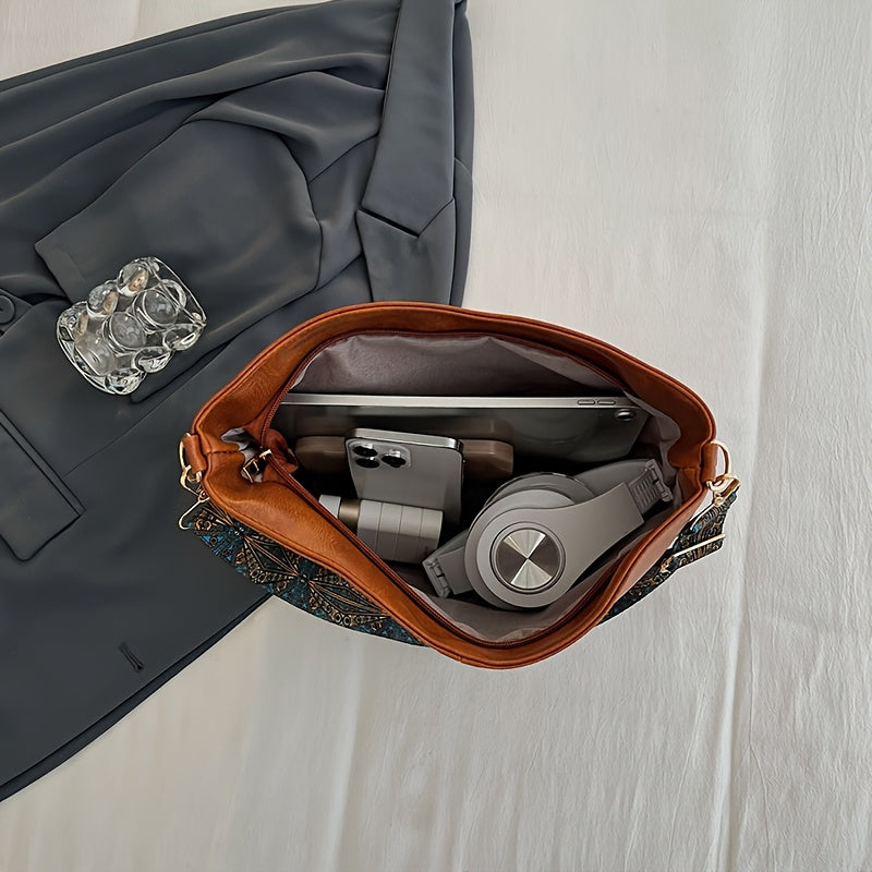 DISSEFA-TECH Women's Bucket Bag with Wide Floral Strap — Small Crossbody Shoulder Bag with Zipper & Polyester Lining, Removable Strap, Brown/Black