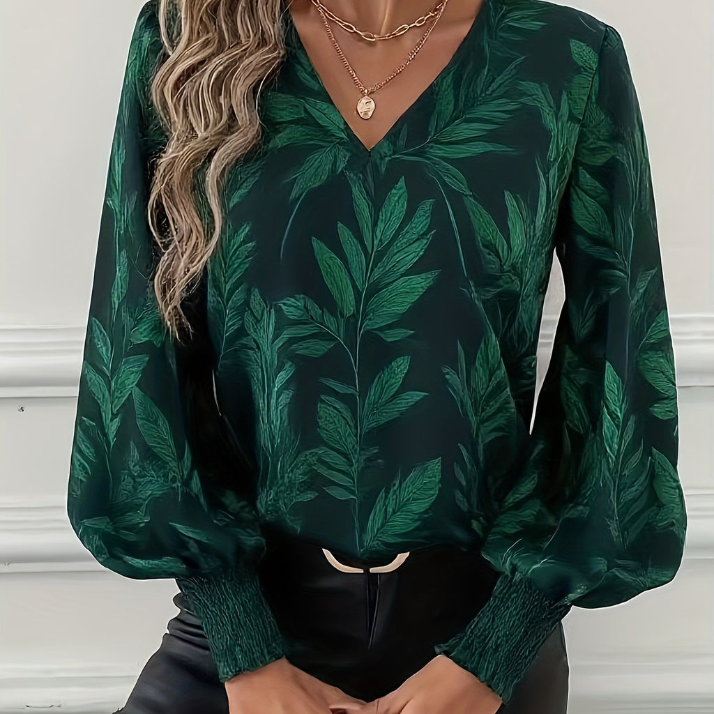 Women's V-Neck Long Sleeve Leaf Print Smock Blouse - Wrinkle-Resistant Button-Front Tunic for Spring & Fall Office, Wedding, Party