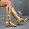 Embroidered Women's Knee-High Boots with Side Zipper, Golden Knight Block Heel Pointed Toe, Autumn/Winter