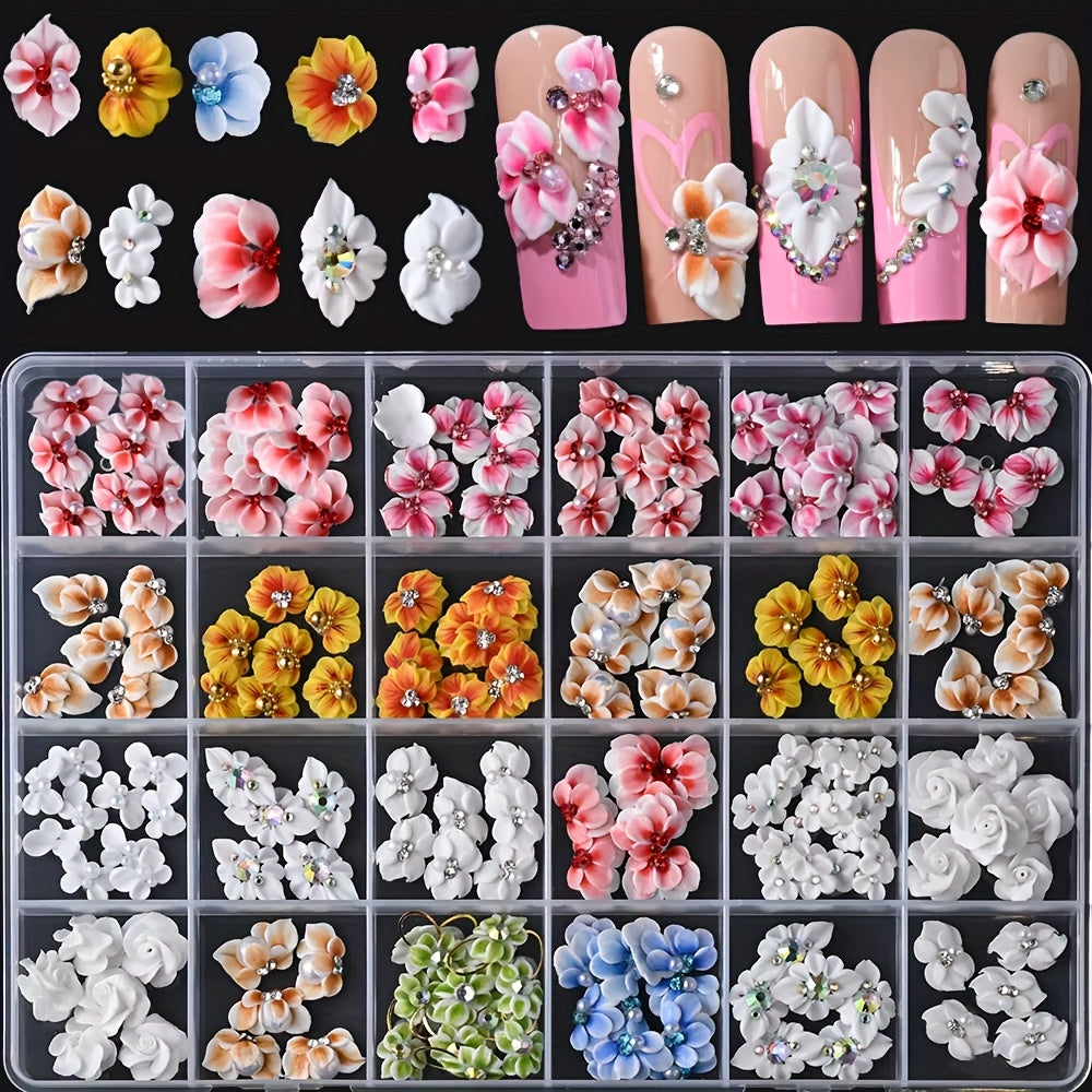 10-Pack 3D Acrylic Carved Flower Nail Art Charms Rhinestone Sculpted Cherry Blossom Nail Decorations