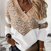 Plus Size Colorblock Leopard V-Neck Long Sleeve Pullover Sweater for Women