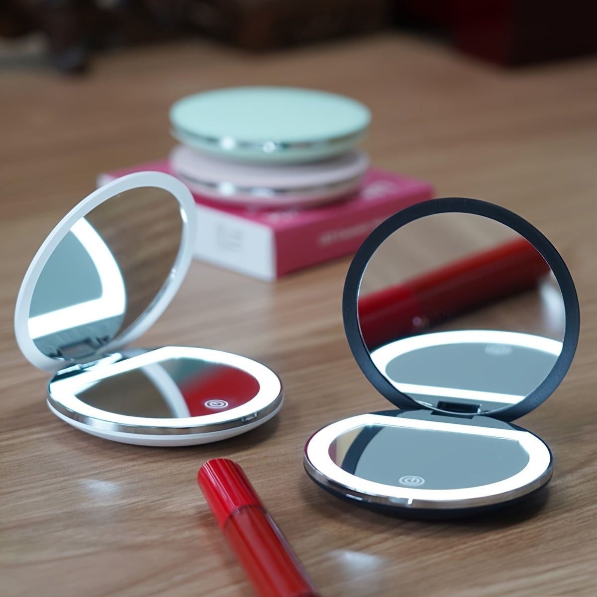 LED Travel Makeup Mirror - Lighted Double-Sided Compact with 2X & 5X Magnification, USB Rechargeable Foldable Handheld for Purse & Pocket