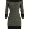 Plus Size Women's Color-Block Bodycon Dress – Long Sleeve Crew Neck, Casual Spring/Fall, Machine Washable