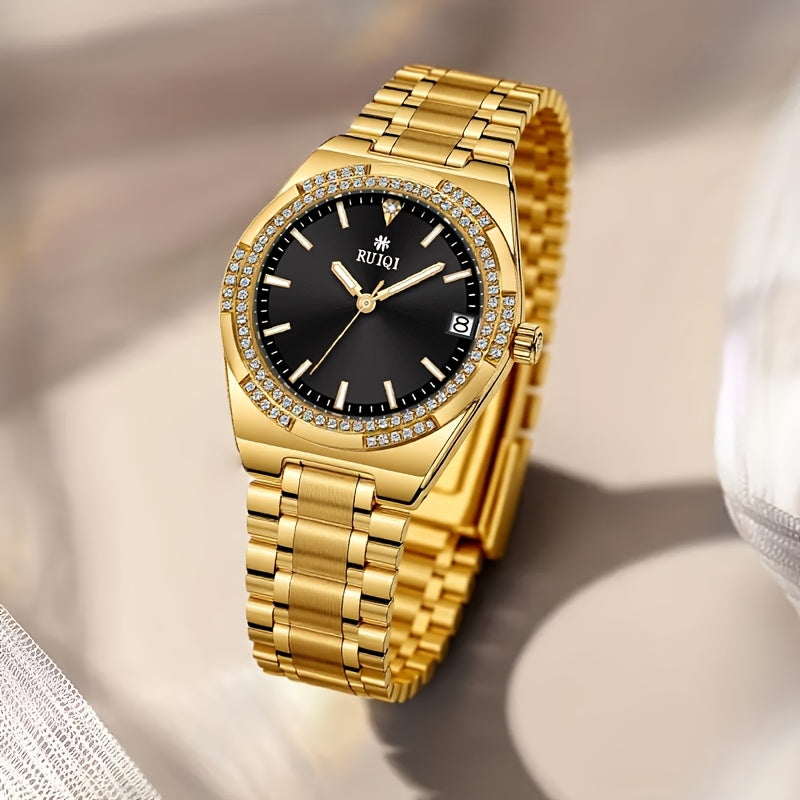 Automatic Mechanical Women's Watch — Rhinestone Dial, Calendar, Luminous Hands, Battery-Free, Stainless Steel Band