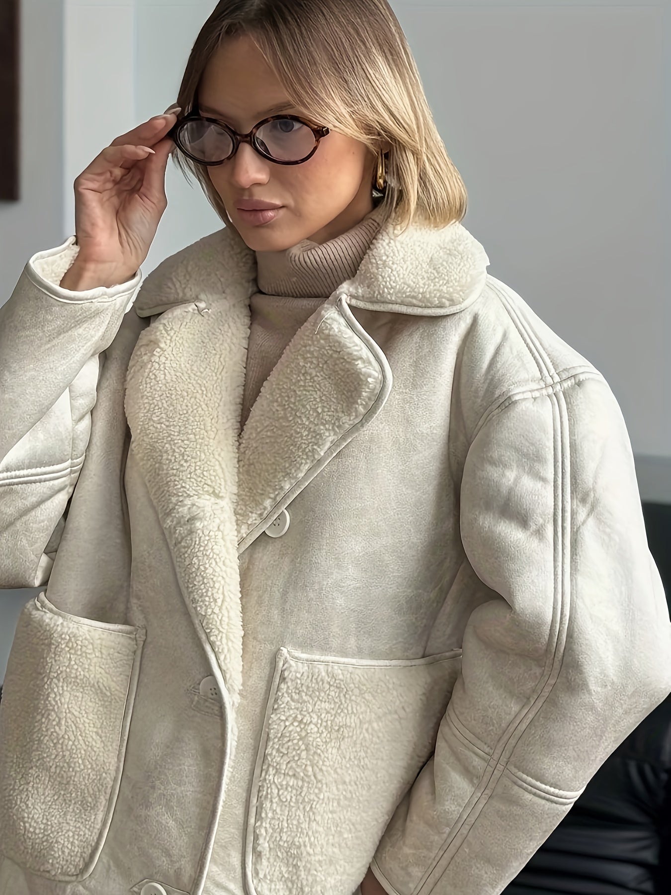 Women’s Cream Faux Fur-Lined PU Leather Jacket — Thick Winter Coat with Turtleneck, Asymmetrical Hem & Side Pockets