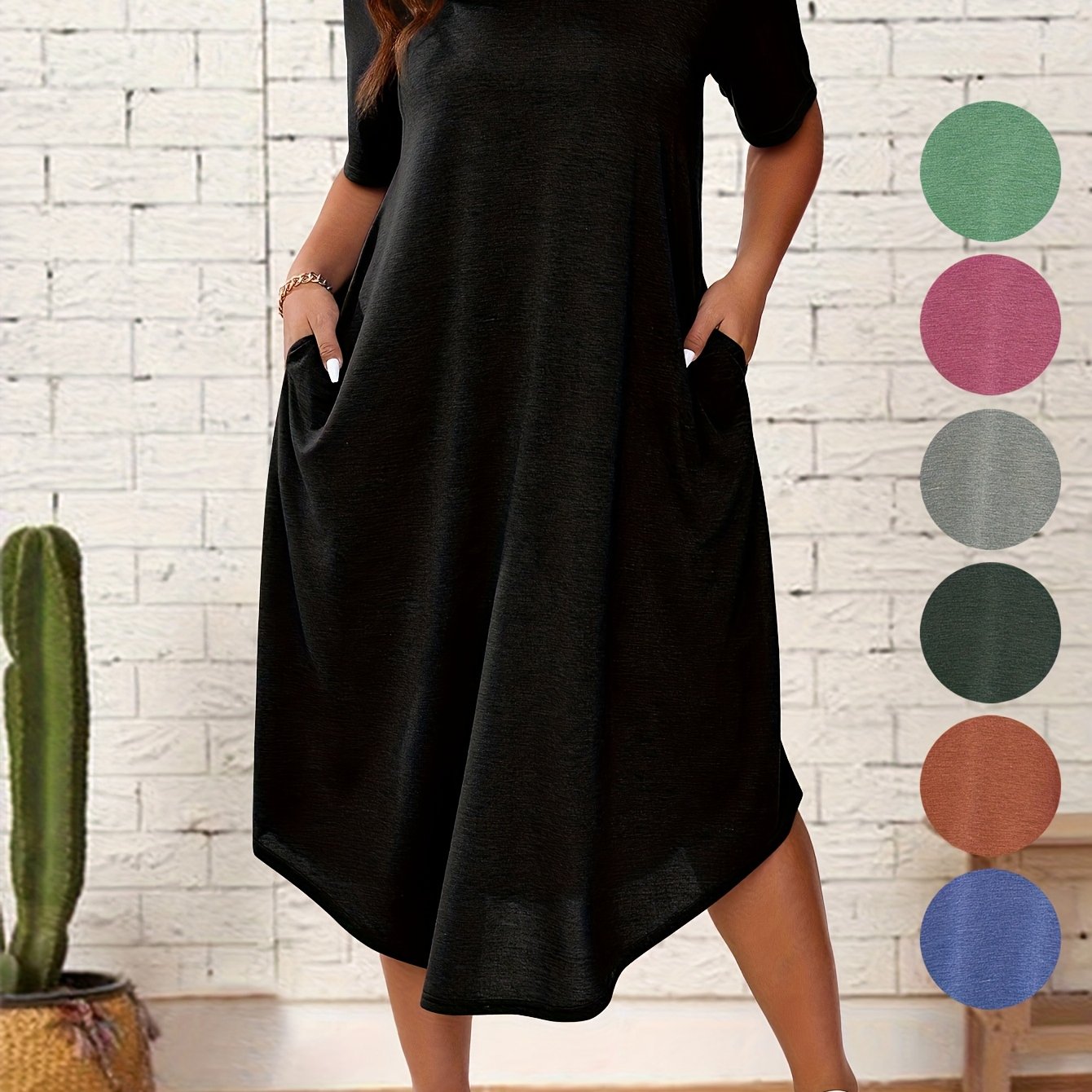 Plus Size Solid Crew Neck Tunic Dress - Casual Short Sleeve Summer Dress for Women