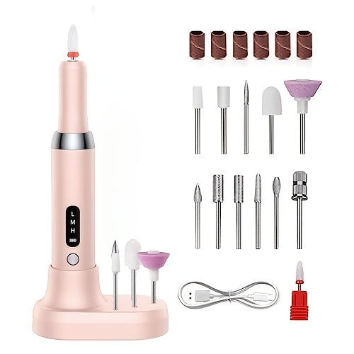 Professional Rechargeable Electric Nail Drill Kit - Portable Nail File & Polisher with 12 Bits, 6 Sanding Bands & Charging Station