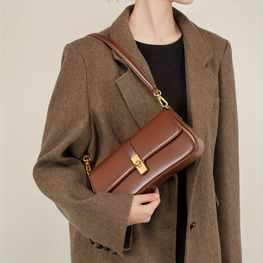 Elegant Women's Baguette Bag – Split Leather Detachable Shoulder & Crossbody with Gold Buckle (Black, Burgundy, Silvery Grey, Coffee)