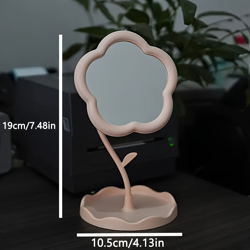 Floral Glass Makeup Vanity Mirror with Adjustable Stand & Tray — Portable Polished Plastic Frame for Dresser, Vanity, Bathroom