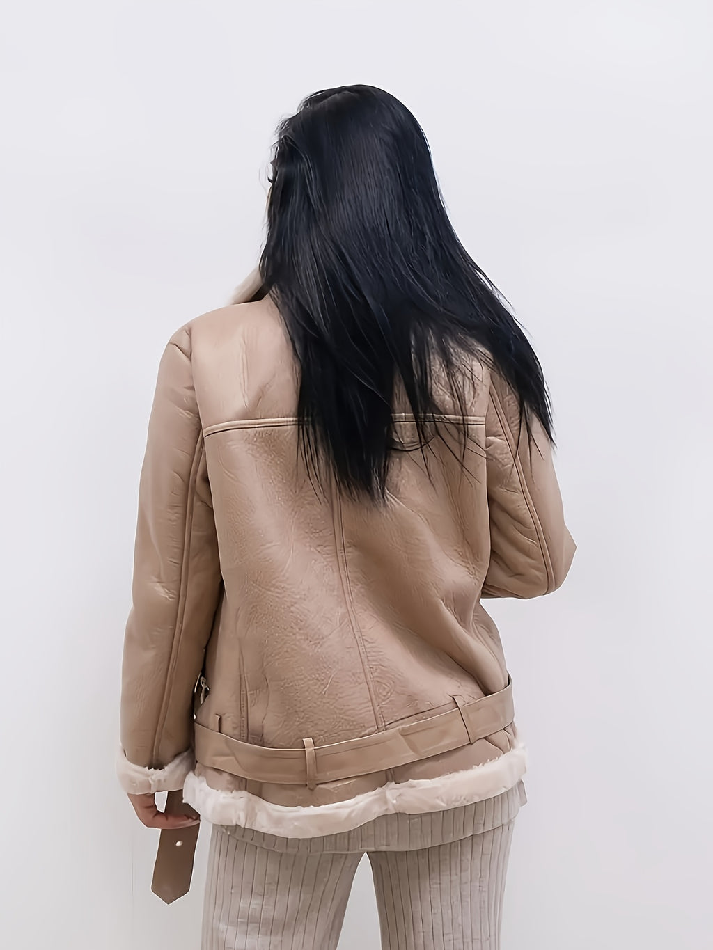 Women's Brown Faux Fur Motorcycle Jacket – Belted Zipper Jacket with Goldtone Hardware & Side Pockets