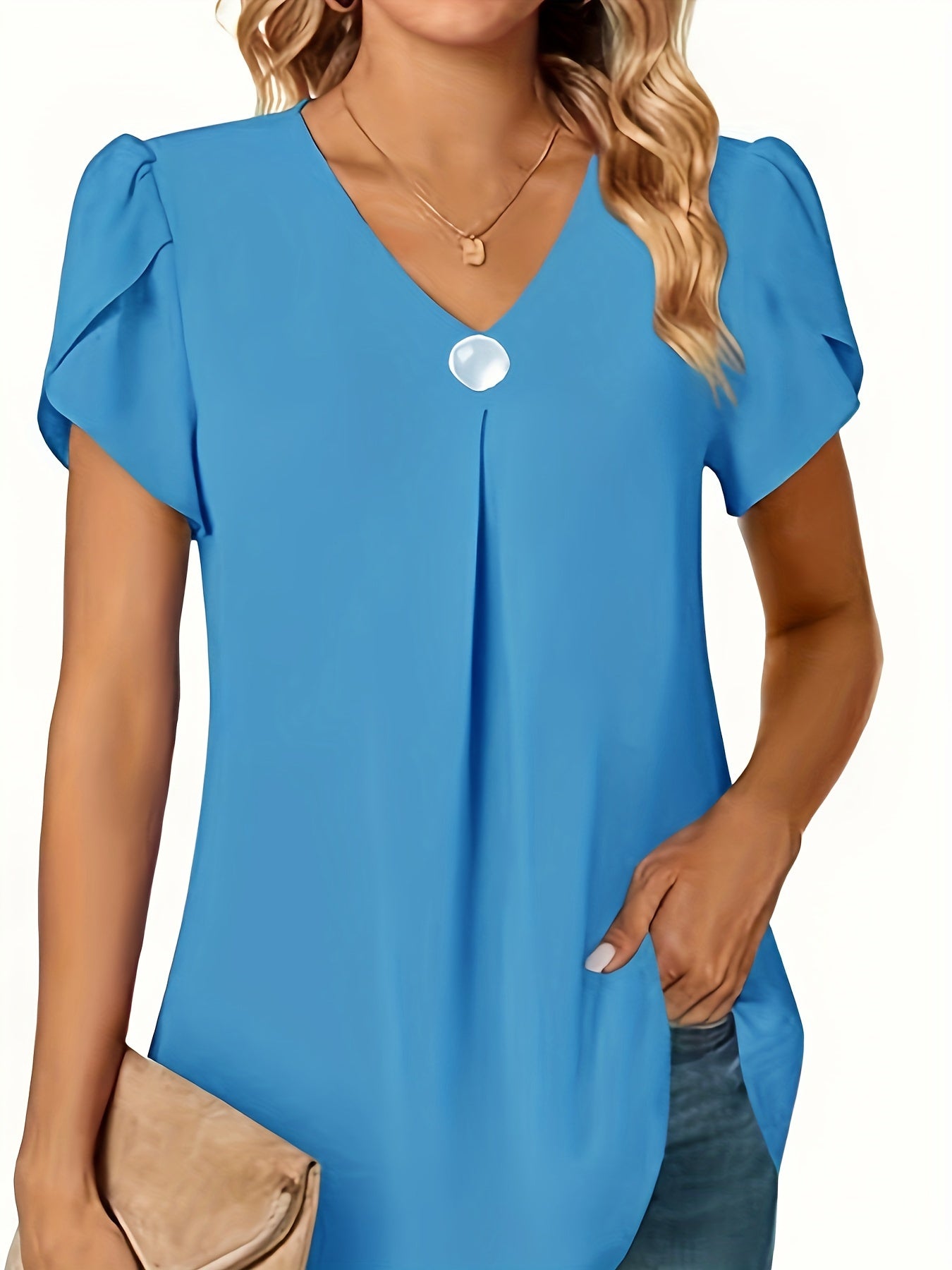 Women's Black Chiffon V-Neck Peplum Blouse with Ruffle Short Sleeves — Lightweight Polyester Summer Top