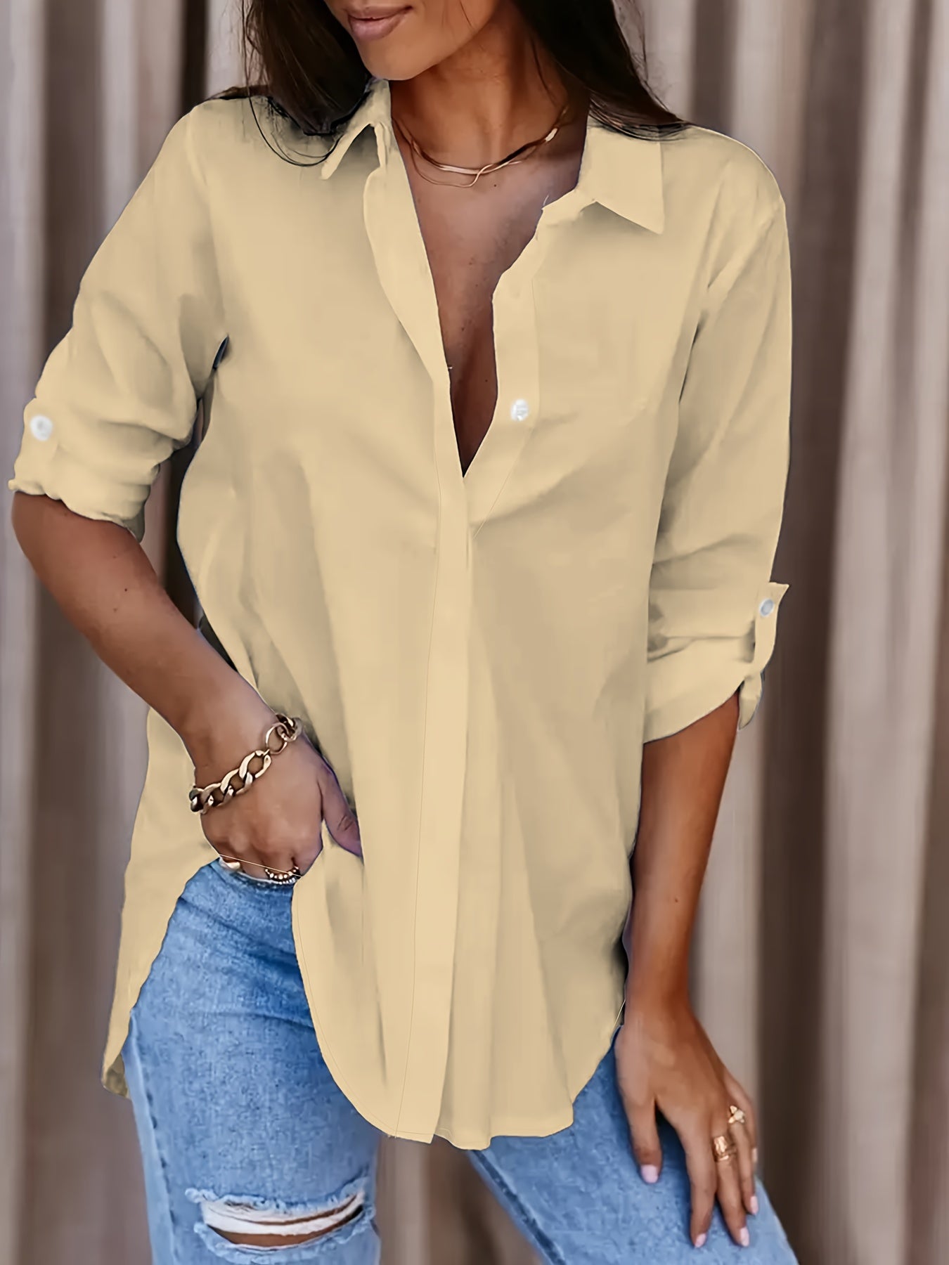 Women's Solid Button-Front Shirt - Casual Turn-Down Collar Office Blouse