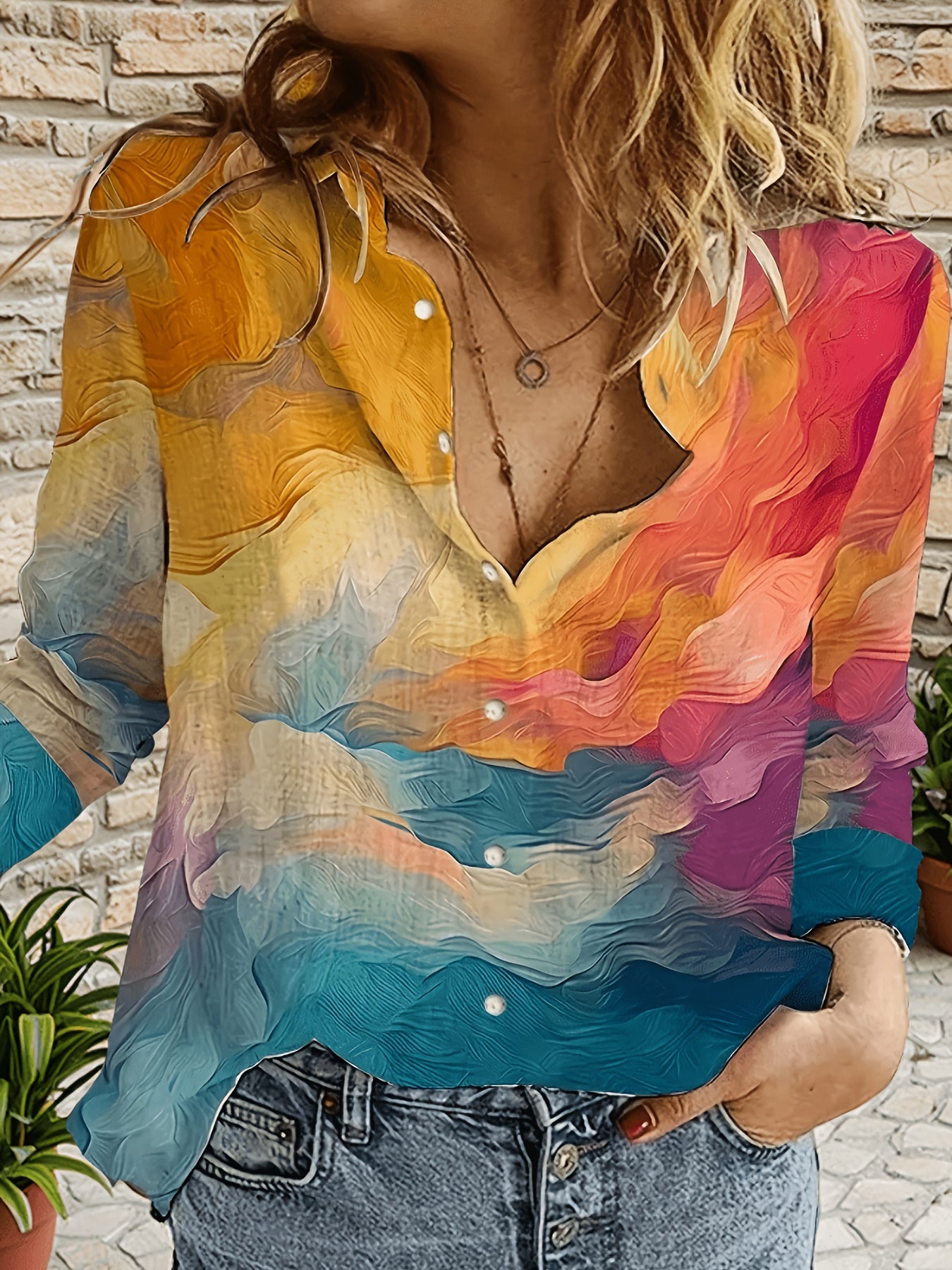 Women's Marble Print Long Sleeve Button-Up Shirt - Lightweight Breathable Blouse for Spring & Fall, Casual or Dressy