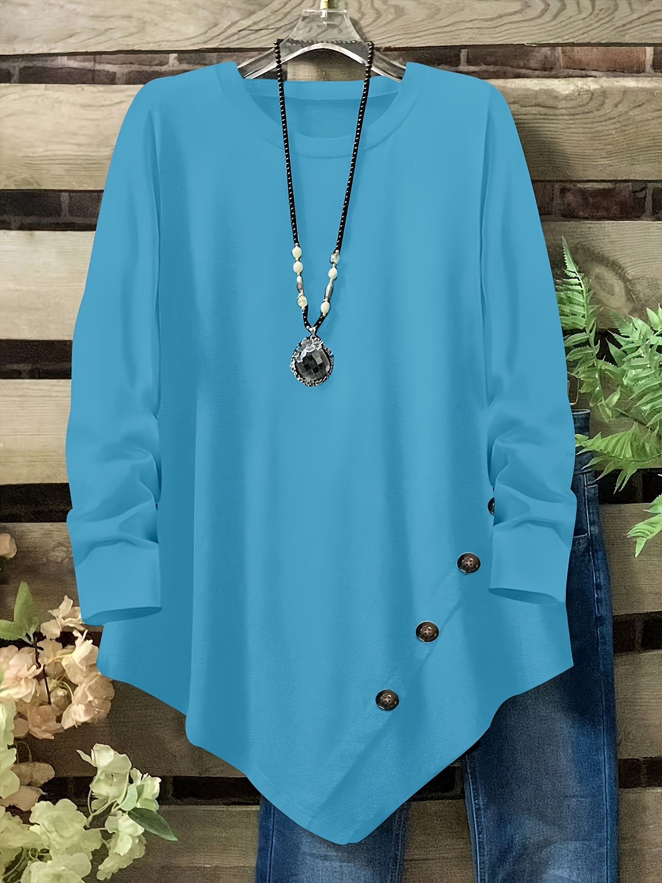 Plus Size Women's Loose Fit Long Sleeve Top with Button Detail, Round Neck & Asymmetrical Hem