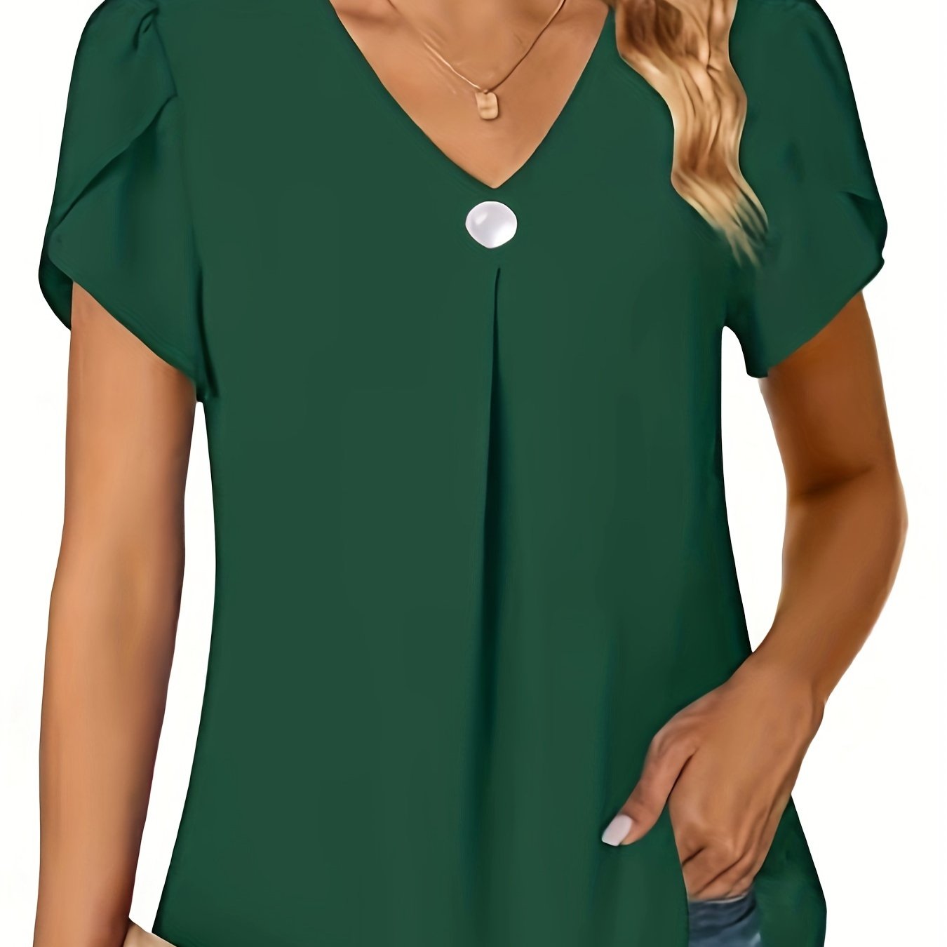 Women's Black Chiffon V-Neck Peplum Blouse with Ruffle Short Sleeves — Lightweight Polyester Summer Top