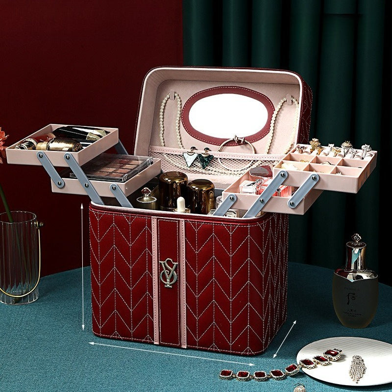 Large Travel Makeup Bag with Mirror & Jewelry Organizer - Embroidered PU Cosmetic Case, Multiple Compartments (Red/Green/White)