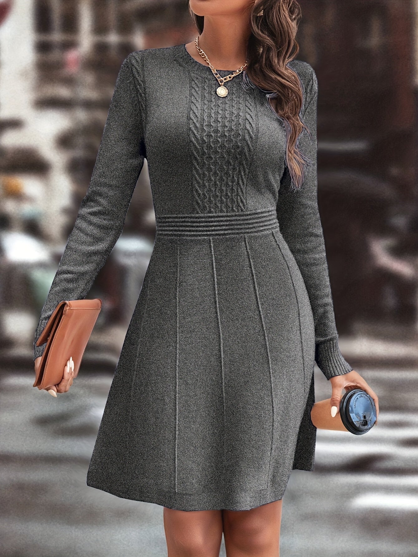 Women's Autumn/Winter Knit A-Line Dress Slim Round Neck Casual Elegant for Date & Daily Wear