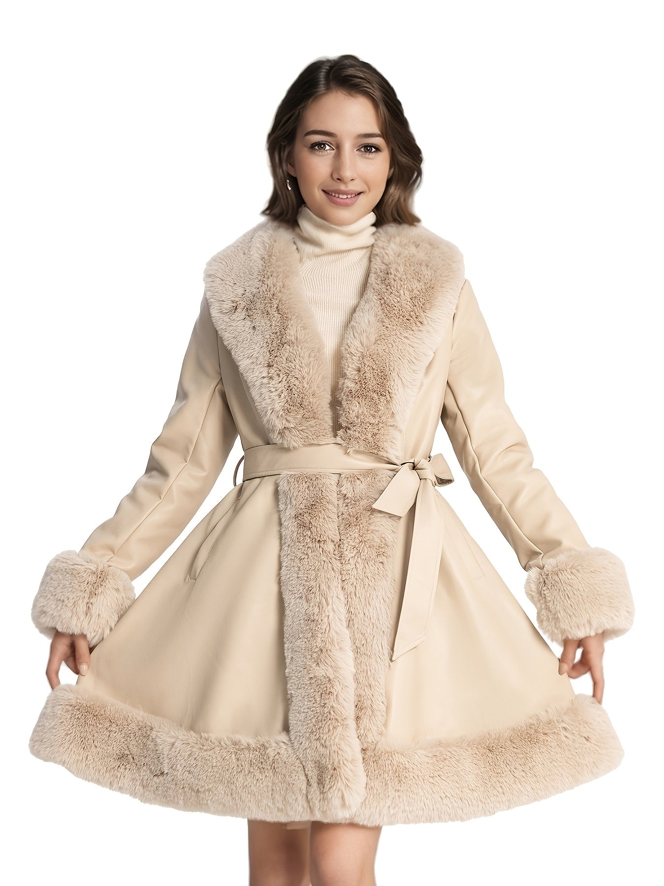 Women's Midi Faux Fur-Lined Faux Leather Belted Coat, Elegant Winter Long Sleeve Jacket