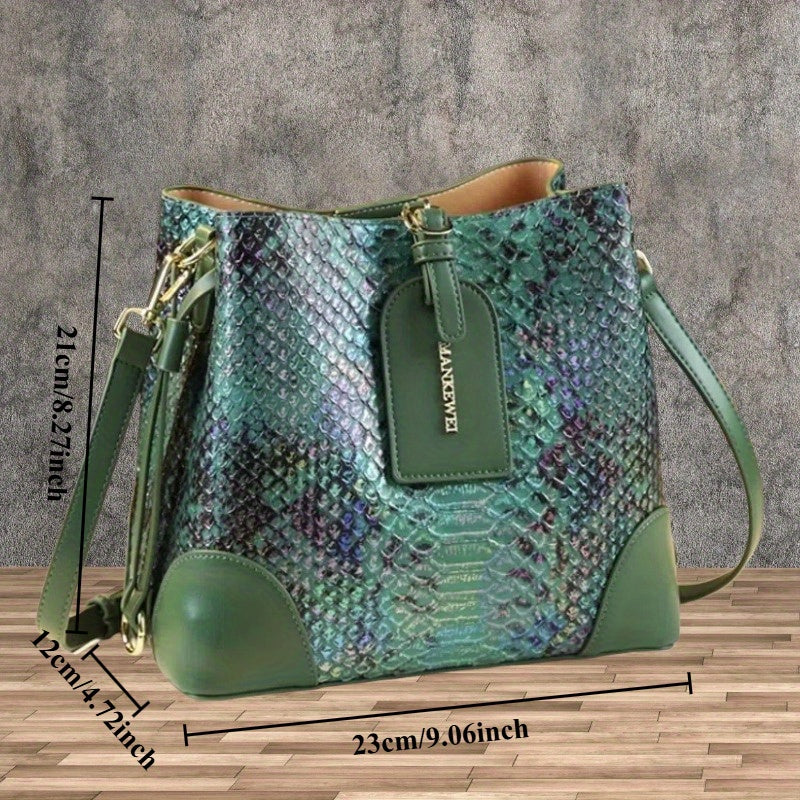 Women's Snake-Print Split Leather Crossbody Bucket Bag - Large Capacity, Adjustable Strap & Buckle Closure (Red, Khaki, Yellow, Blue, Green)