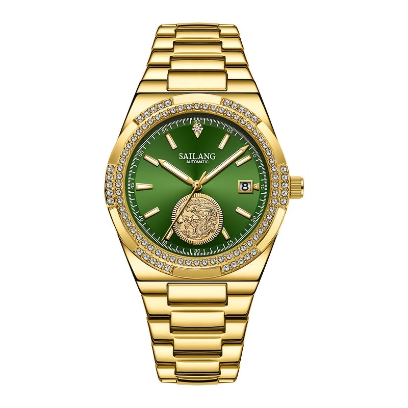 SAILANG Automatic Mechanical Unisex Watch – Green Luminous Dial, Gold-Tone Rhinestone-Embellished Case, Alloy Band, Date Display