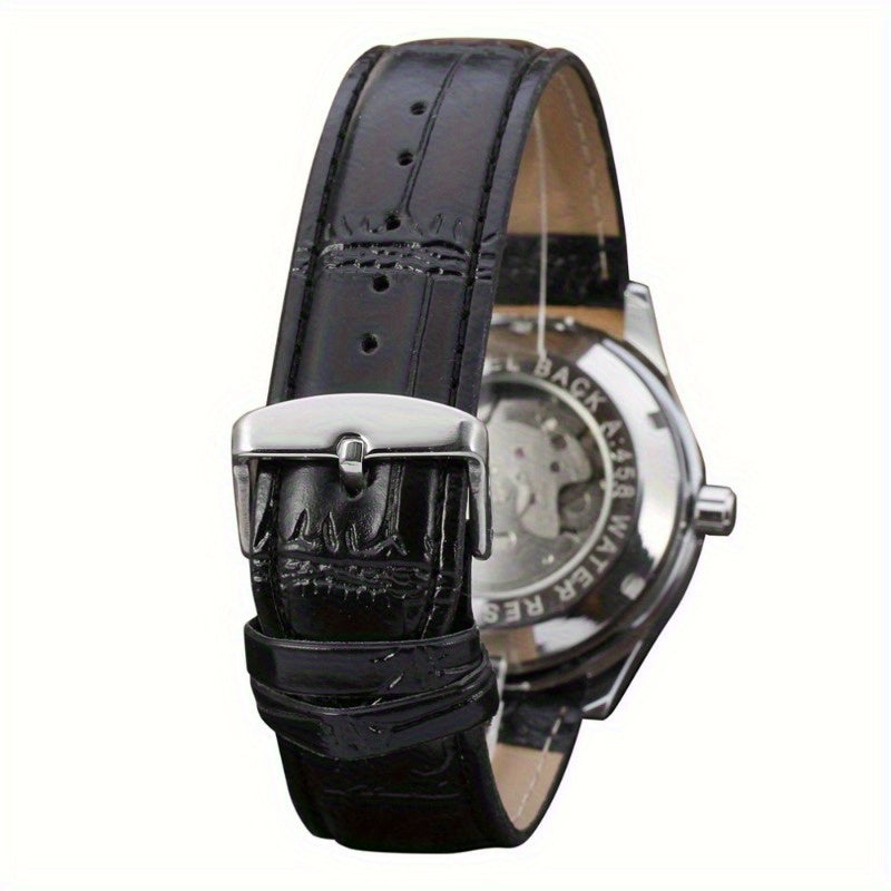 WINNER Self-Winding Mechanical Watch for Women & Men - Large Dial, Round Alloy Case, PU Leather Strap, Calendar