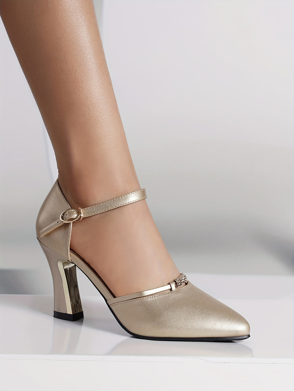 Women's Pointed Toe High Block Heel Sandals with Hollow Square Buckle