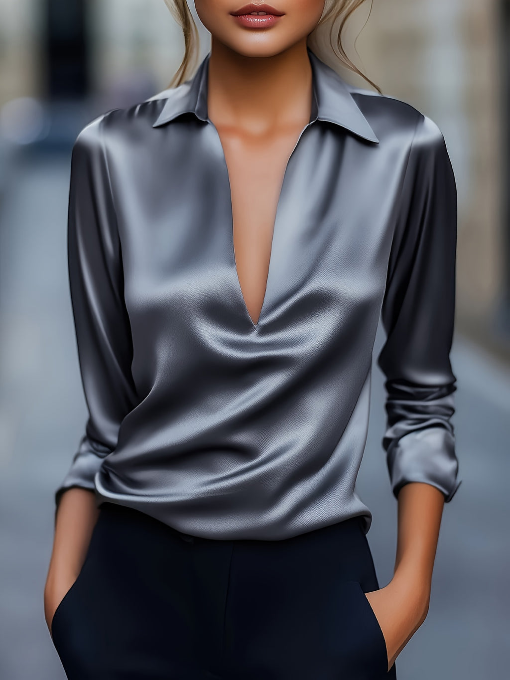 Silvery Satin V-Neck Blouse for Women, Long Sleeve Button-Front Satin Shirt, Elegant Smooth Finish