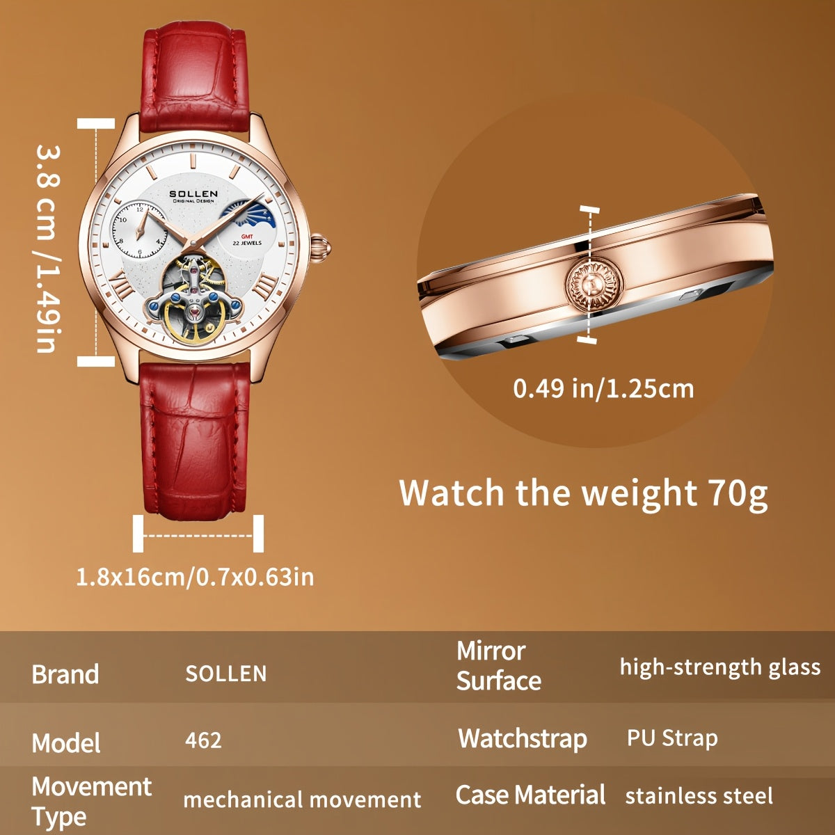 SOLLEN Women's Automatic Mechanical Watch — Luminous Hands, Day-Date & Chronograph, White Dial with Red Markers, Gold-Tone Hands, PU Leather Strap