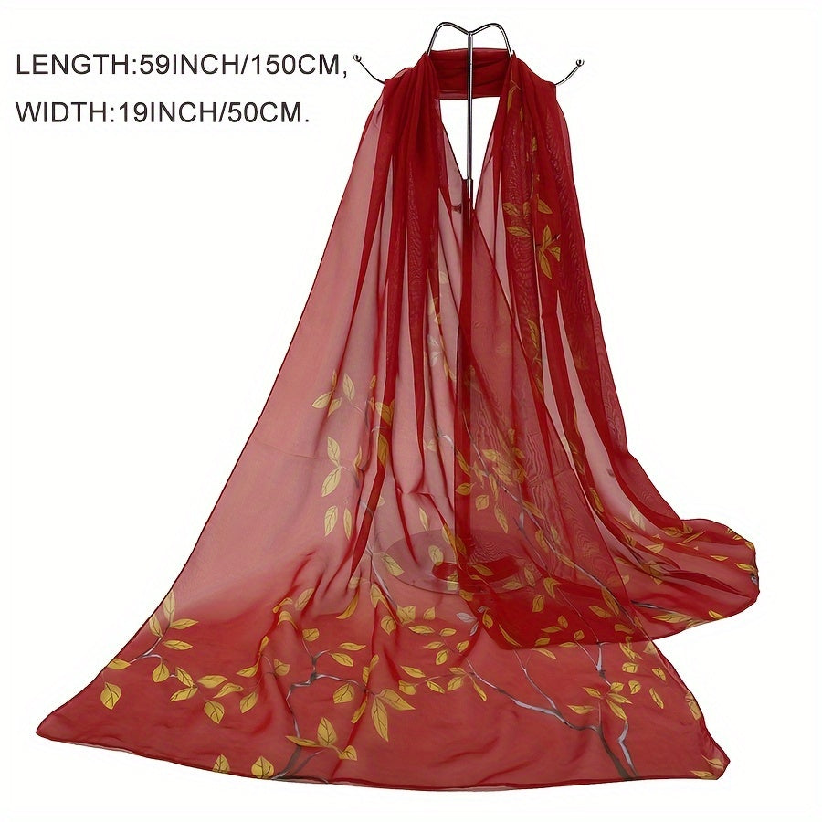 Sheer Bamboo Leaf Chiffon Shawl Scarf – Lilac & Green Lightweight Wrap for Beach, Wedding & Party, 59 x 19 in (150 x 50 cm)