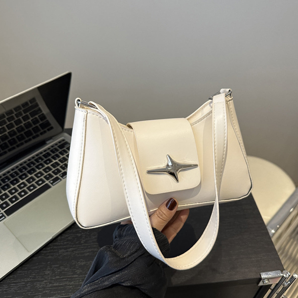 Textured Underarm Baguette Bag for Women – PU Shoulder & Crossbody with Lock Closure, Black (Also White)