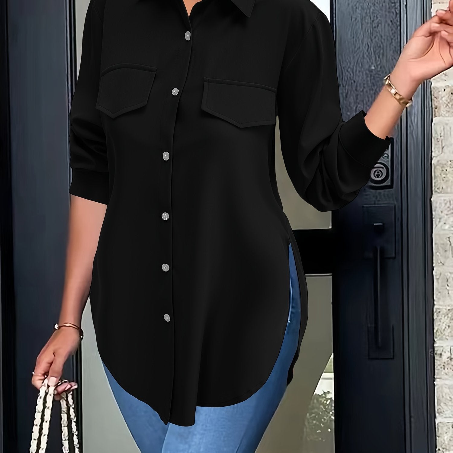 Women's Lapel Collar Button-Front Shirt — Solid Woven Blouse, Lightweight Semi-Sheer All-Season Casual Top