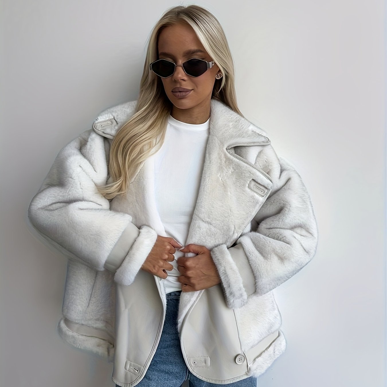 AFTF BASIC Women's Long Faux Mink Fur Jacket, Asymmetrical Hem Motorcycle Coat with Turnover Collar and Faux Fur Lining