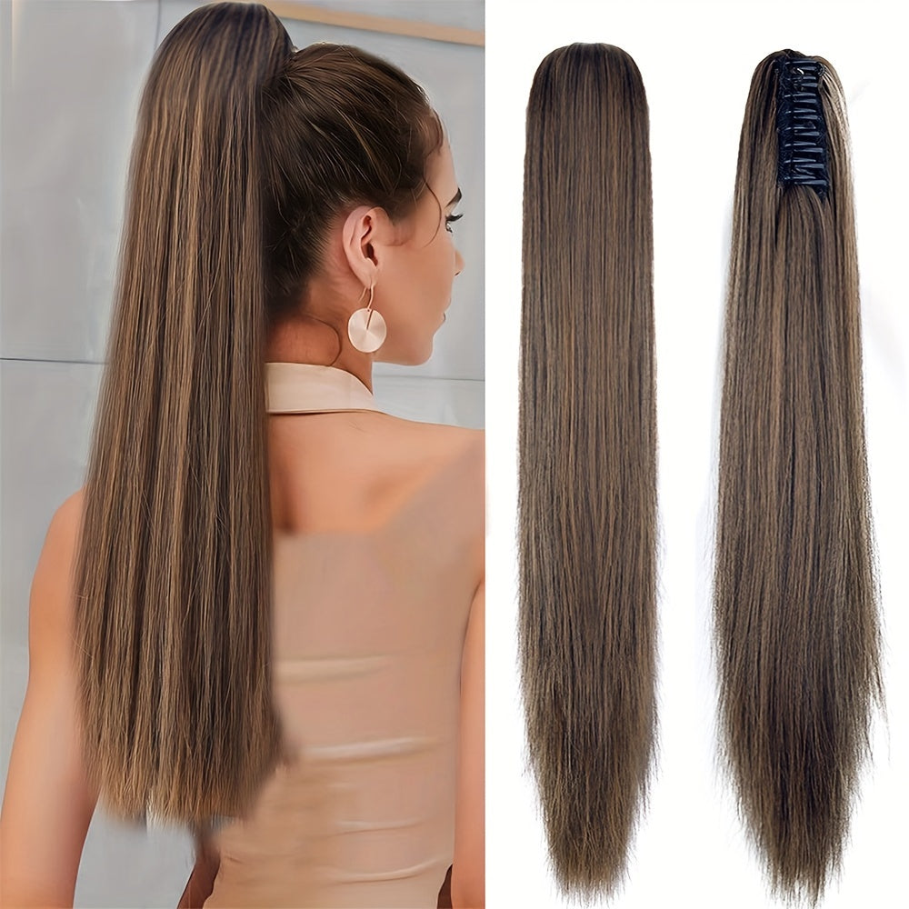 22-Inch (56 cm) Straight Synthetic Ponytail Extension with Claw Clip - Heat-Resistant Black & White Hairpiece for Women