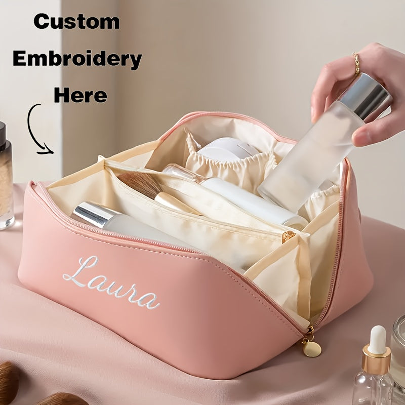 Embroidered Personalized Large Capacity Makeup Bag - Travel Toiletry Organizer with Zipper & Top Handle (Black, Brown, Pink)