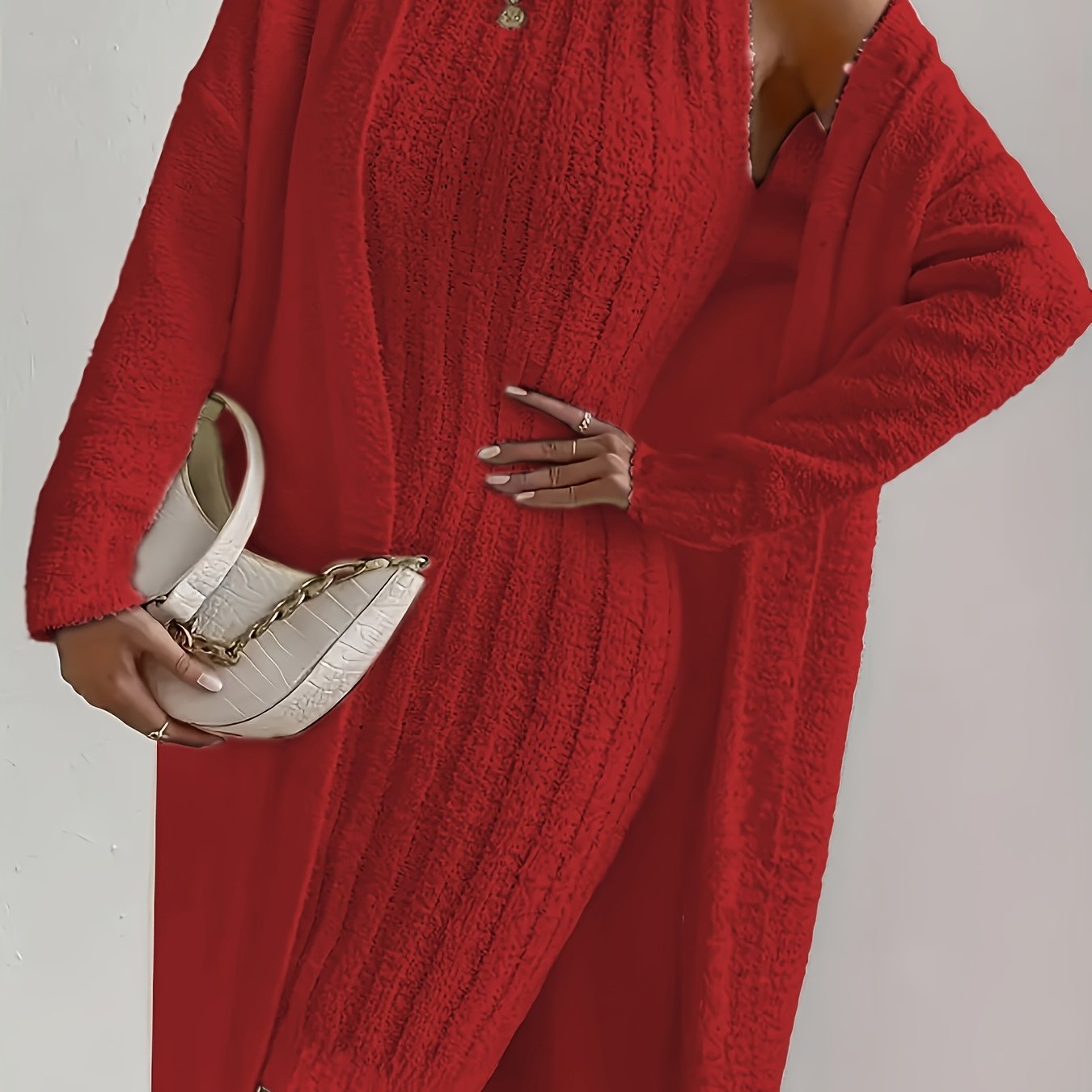 Plus Size Cozy Teddy Bear Sweater Dress & Strapless Cardigan Set - Red Ribbed Knit Two-Piece for Fall/Winter