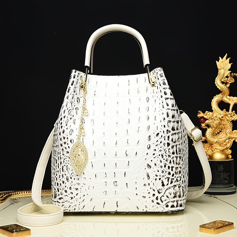 Women's Minimalist Crocodile PU Bucket Bag – Zipper Closure, Removable Strap Hand & Shoulder Bag (White, Red)