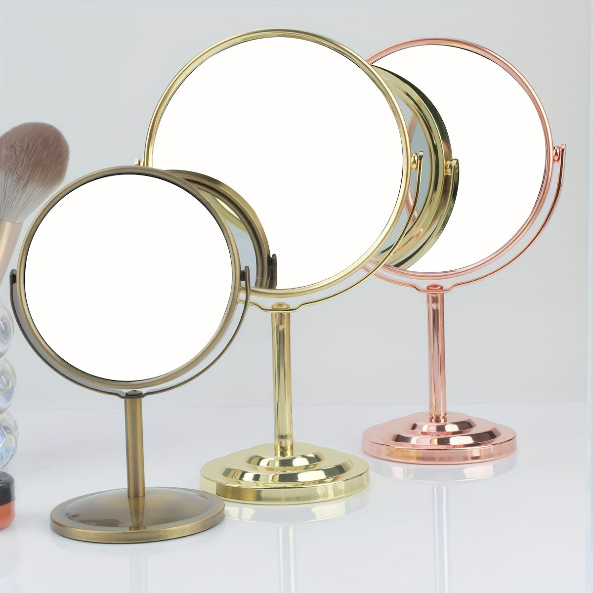 RANCAI 360° Stainless Steel Double-Sided Makeup Mirror – Polished Coastal Tabletop, HD Oil-Free Surface, Non-Electric, Anti-Skid Base