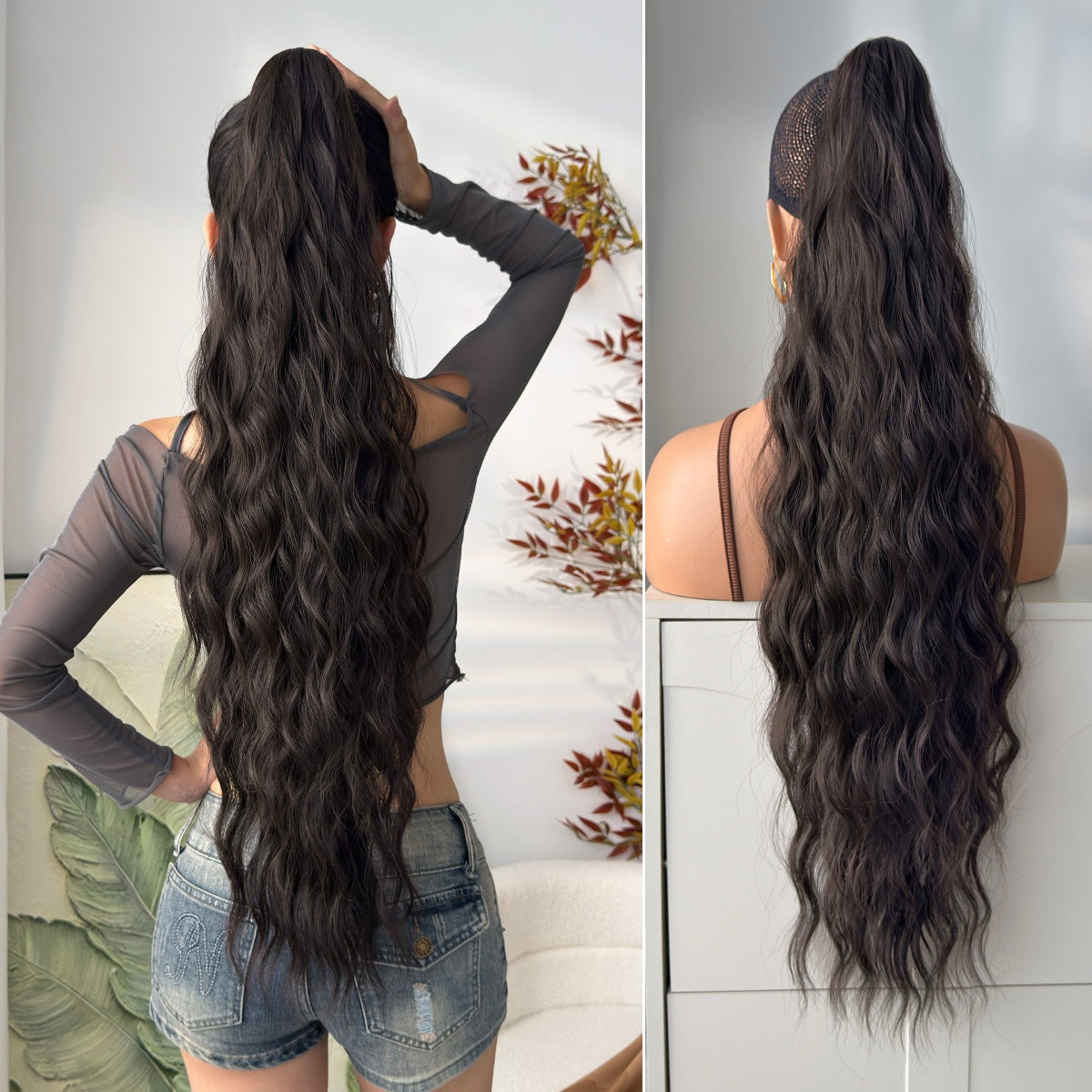 28-Inch (71 cm) Heat-Resistant Clip-In Water Wave Ponytail Extension - Synthetic Ombre Hairpiece (Blonde/Brown/Black/Red/Dark Brown) for Women & Girls