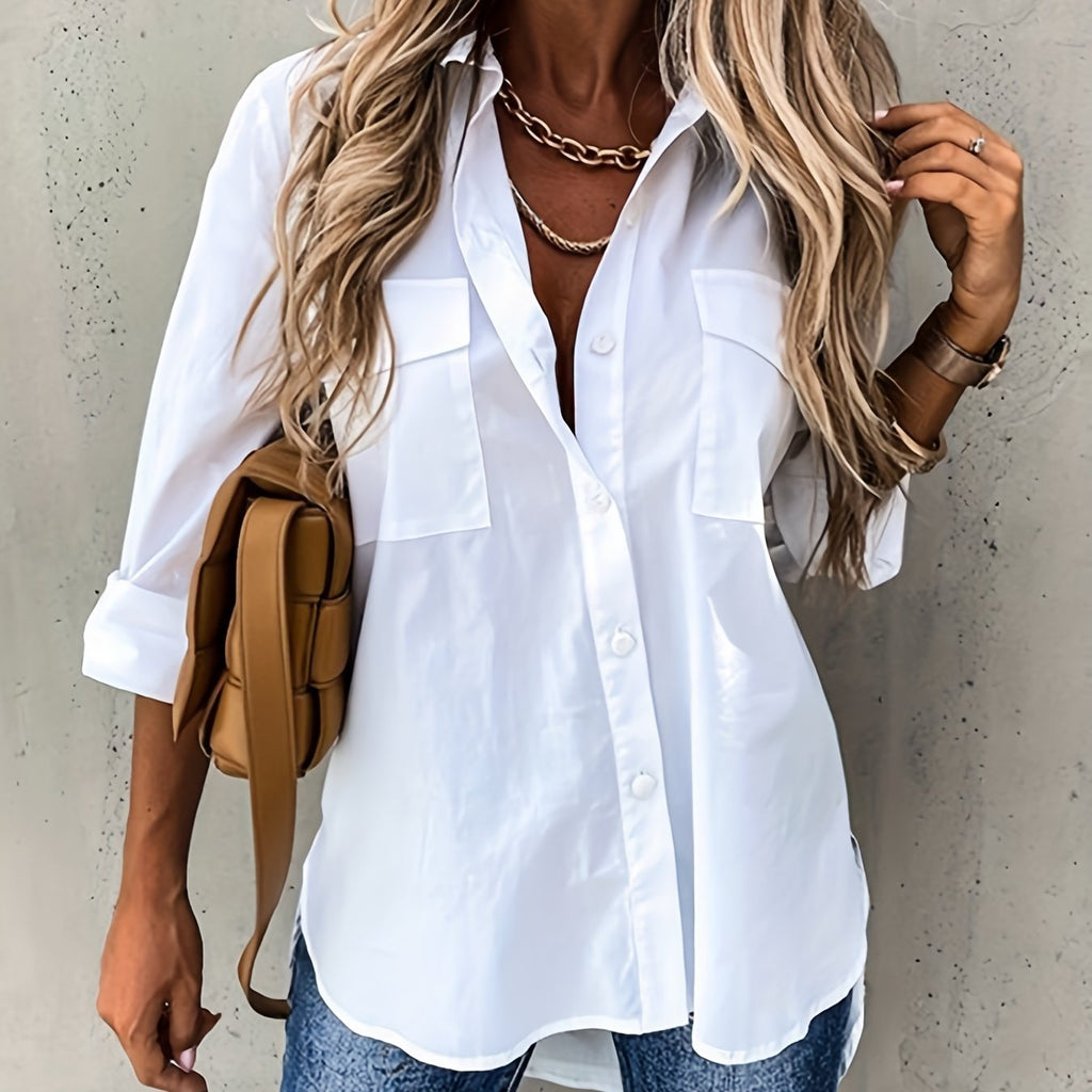 Women's Button-Front Collared Long Sleeve Shirt — Solid Casual Office Blouse