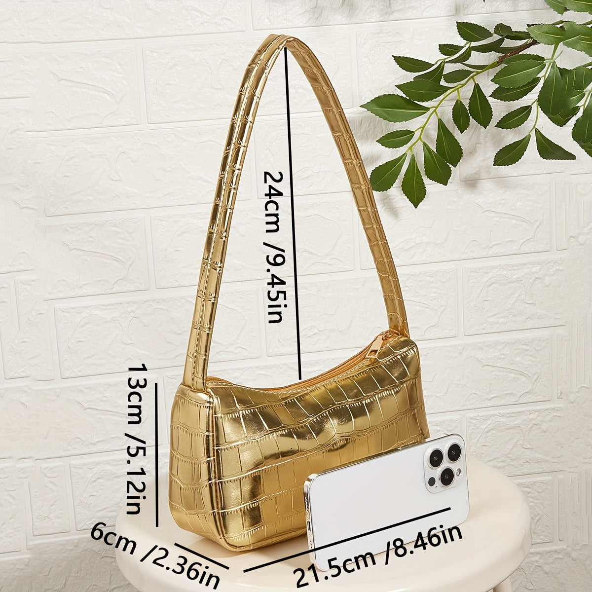 Golden Crocodile-Embossed Shoulder Baguette Bag for Women, Metallic Underarm Purse — Chic Everyday & Mother's Day Gift