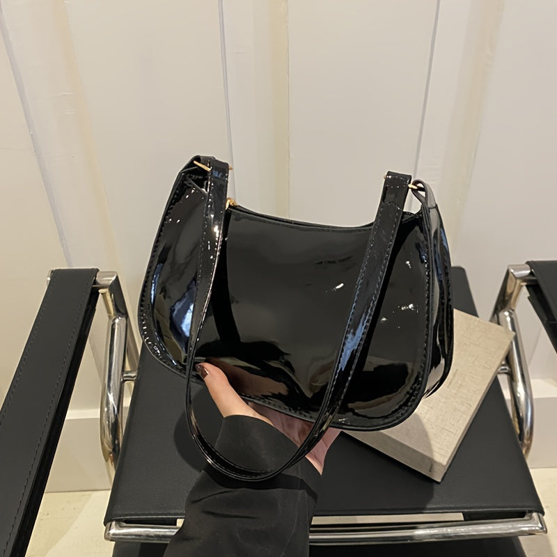 Patent Faux Leather Baguette Bag – Retro Underarm Shoulder Handbag for Women