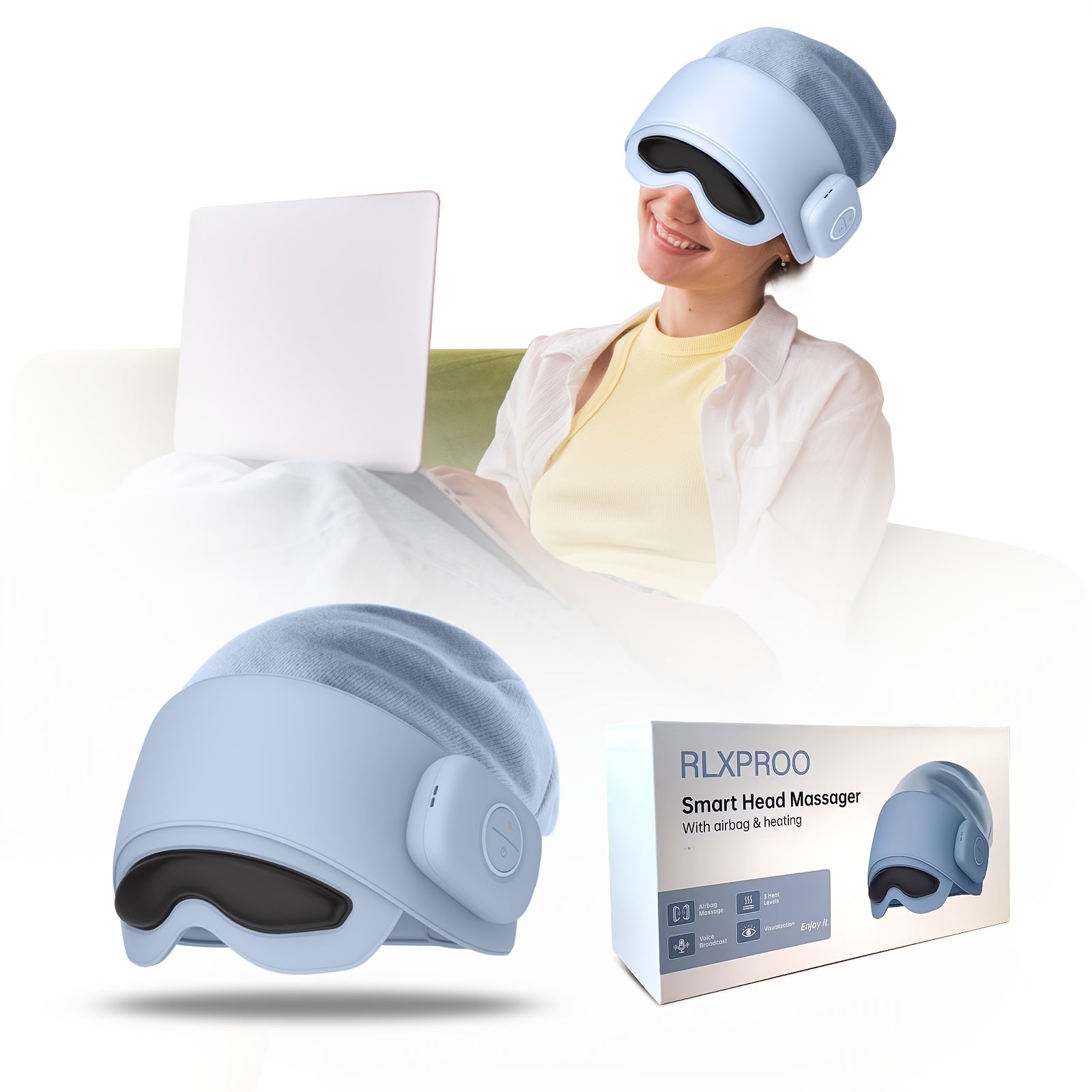 Wireless Eye & Head Massager with Air Pressure, USB-C Rechargeable, Multiple Modes & Adjustable Strap for Travel & Sleep