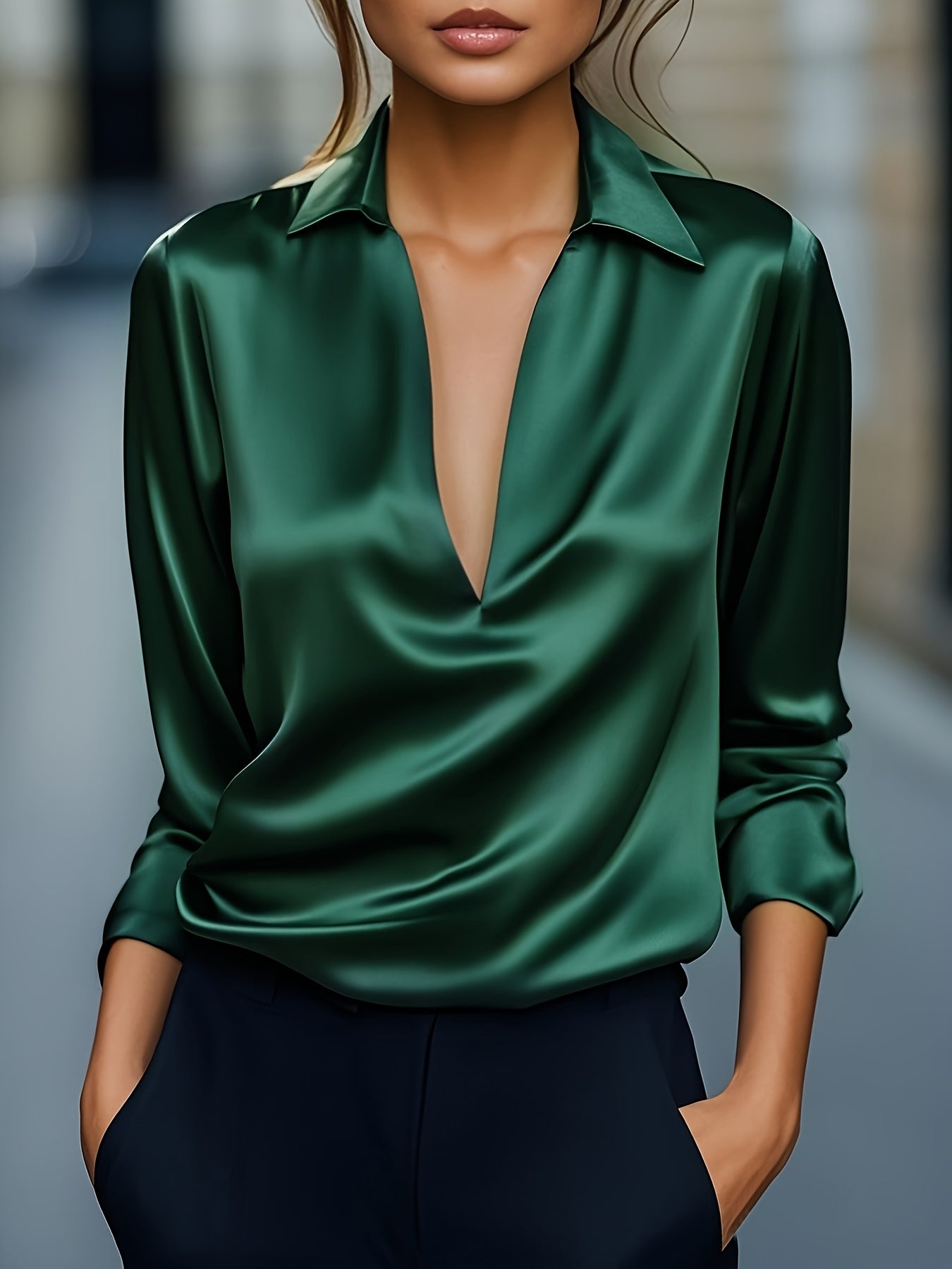 Silvery Satin V-Neck Blouse for Women, Long Sleeve Button-Front Satin Shirt, Elegant Smooth Finish