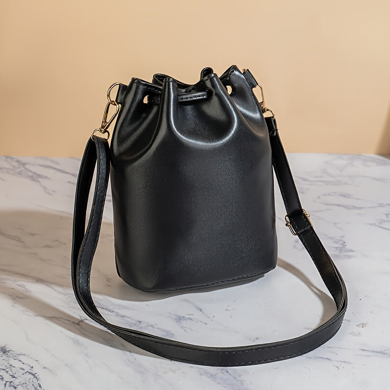 Women's Black Adjustable Crossbody Bucket Bag - Drawstring Closure Minimalist Shoulder Purse