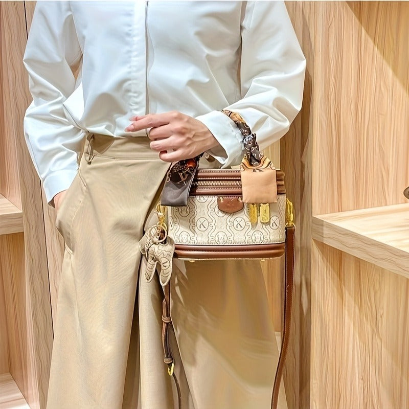 Women's Beige PVC Bucket Handbag with Gold-Tone Hardware, Detachable Chain Accent, Adjustable Crossbody Shoulder Strap, Zipper Tote Purse for Weddings & Parties